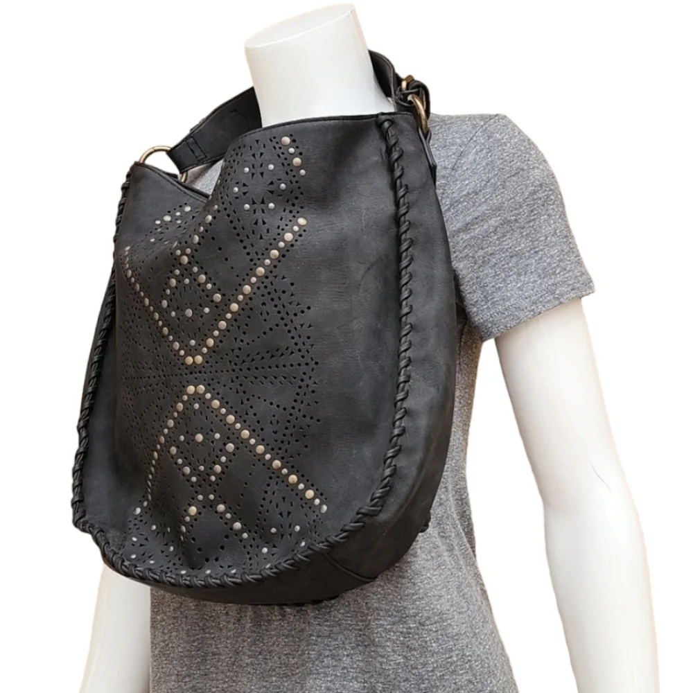 ELLE JAE GYPSET ANTHRO Black Whipstitch Studded Hobo Shoulder Bag Purse Vegan